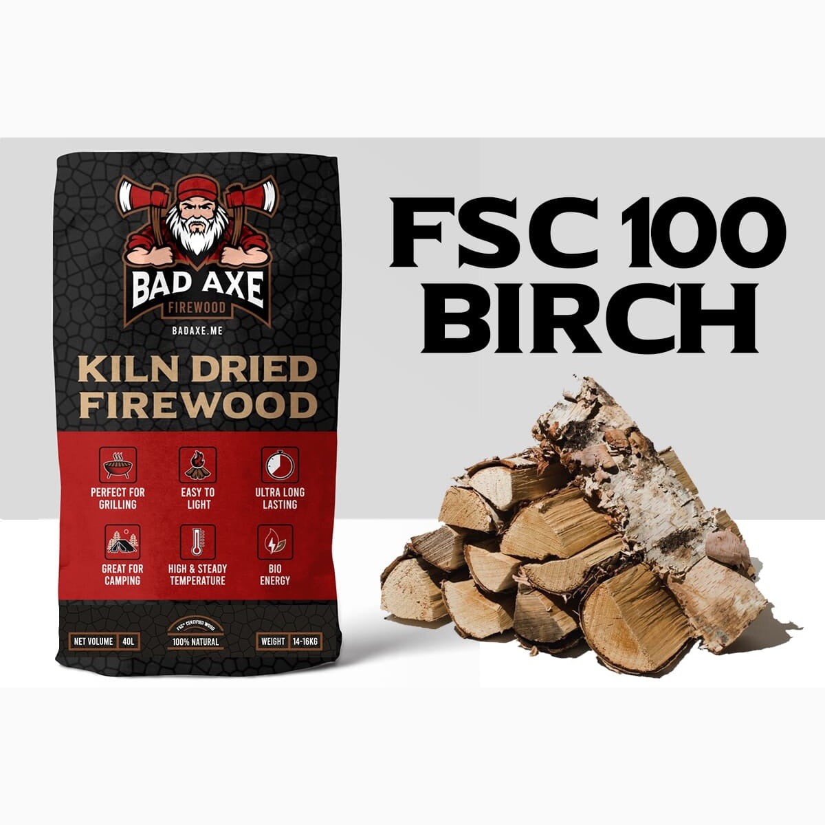 Bad Axe Firewood -Birch 40l Sack Approx 15kg ehdxb