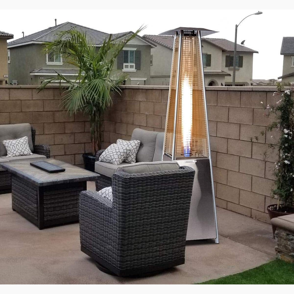 PureHeat Pyramid Style Gas Patio Heater In Stainless Steel with wheels ehdxb